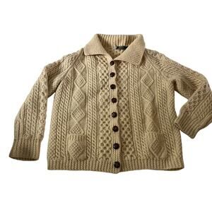 Cream 100% Wool Handknit Irish Fisherman Cardigan Sweater Wmns OS